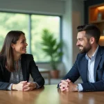 Femme d'âge moyen et jeune homme discutant au bureau