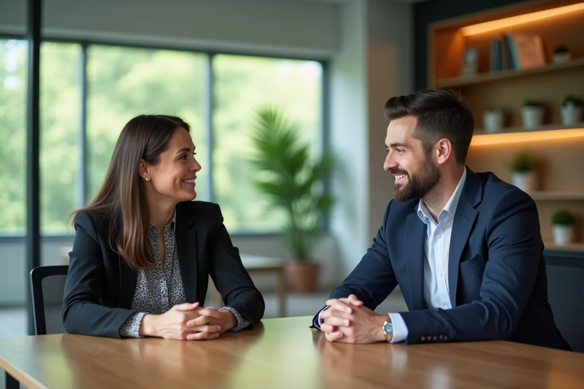 Femme d'âge moyen et jeune homme discutant au bureau