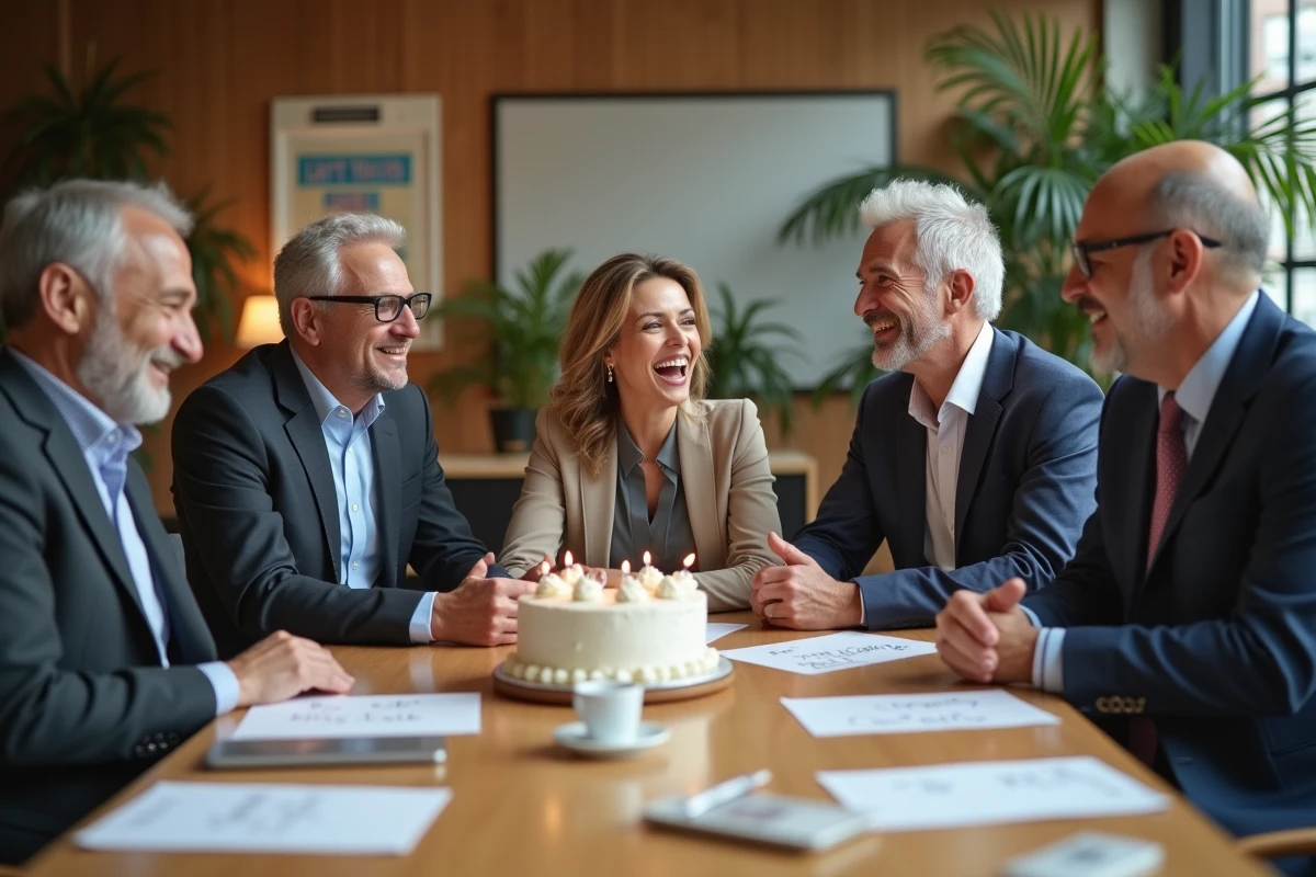 Collegues souriants autour d une table avec gateau et notes