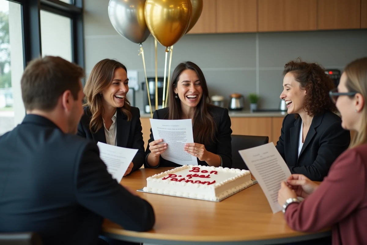 Collègues riant autour d'une table avec des paroles de chanson humoristiques pour fêter le départ à la retraite de leur manager