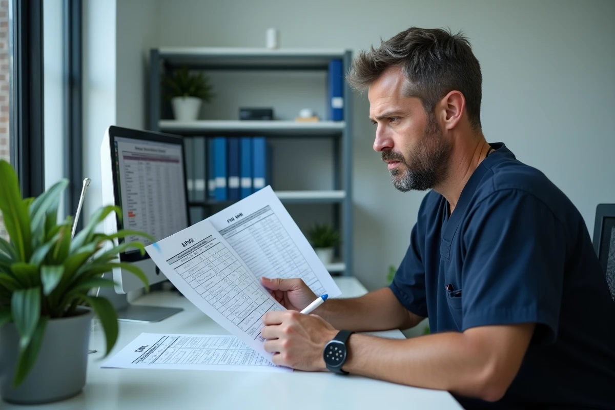 Professionnel de santé comparant les scores ADL et FIM sur des formulaires d'évaluation fonctionnelle dans un bureau hospitalier
