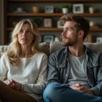 Femme et son fils assis sur un canapé en réflexion