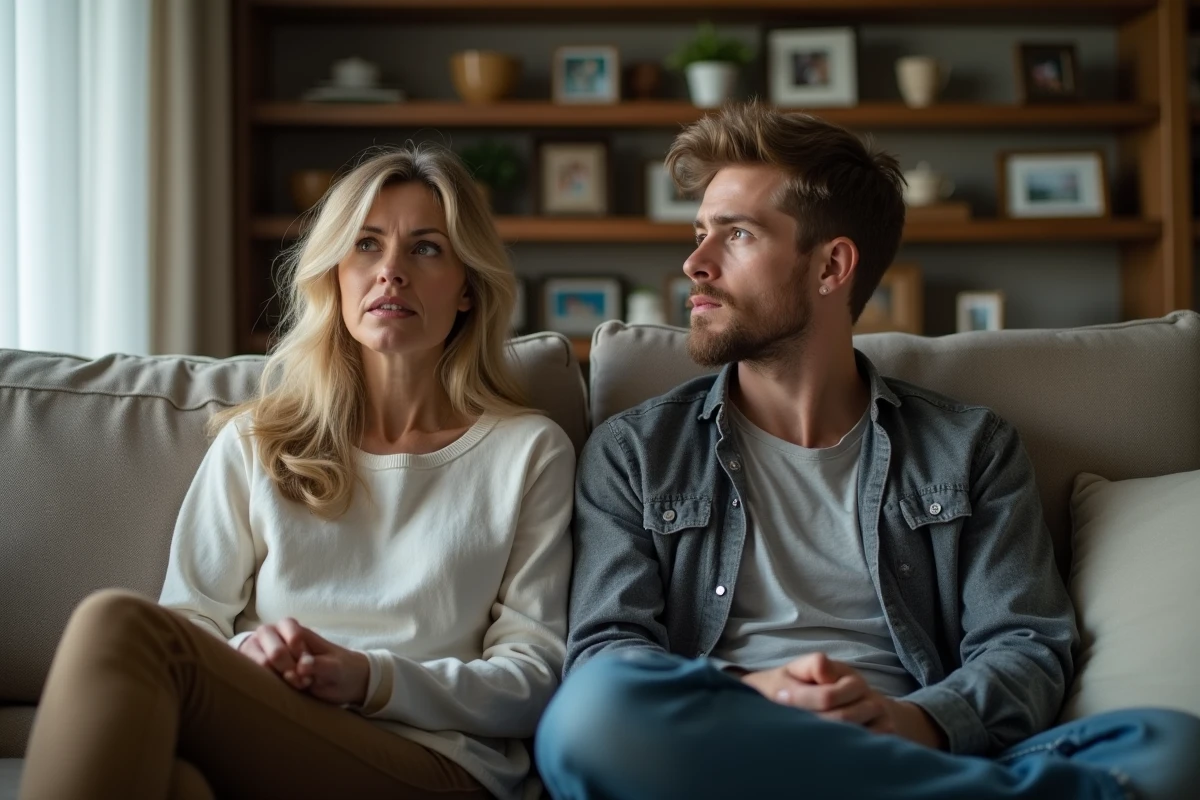 Femme et son fils assis sur un canapé en réflexion