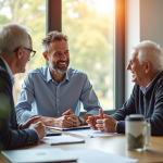 Consultant professionnel avec un couple âgé dans un bureau lumineux