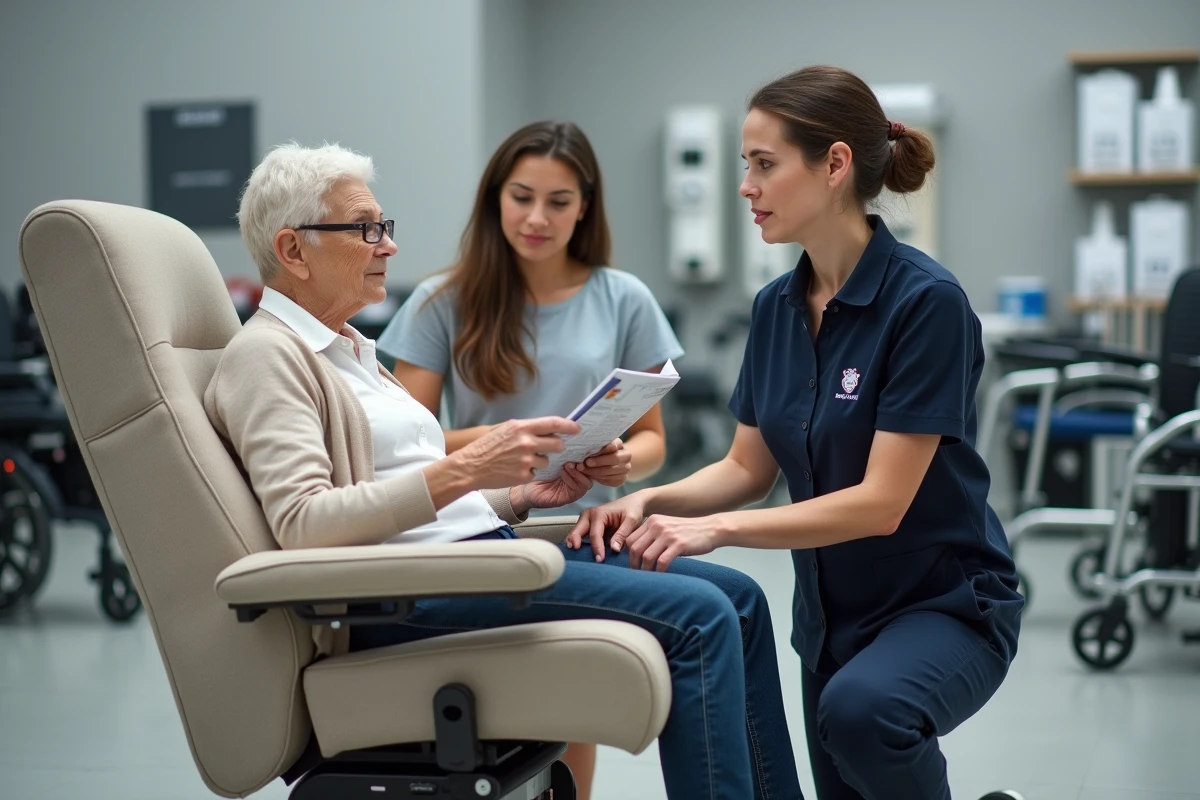 Conseillère en matériel médical présentant un fauteuil releveur remboursable à une senior et son aidante dans un magasin spécialisé