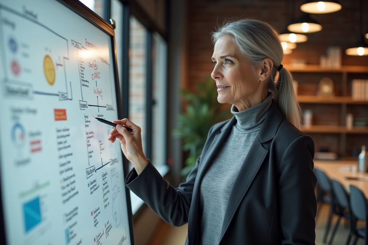 Consultante senior présentant une stratégie d'entreprise sur un tableau blanc dans un espace de travail professionnel moderne