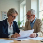 Femme consultant un conseiller du conseil départemental pour le calcul de la participation familiale aux frais de maison de retraite