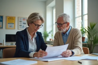 Femme consultant un conseiller du conseil départemental pour le calcul de la participation familiale aux frais de maison de retraite