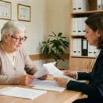 Une résidente âgée et une conseillère d'EHPAD examinent ensemble les documents de tarification dans un bureau administratif à Nîmes