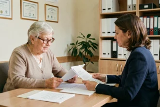 Une résidente âgée et une conseillère d'EHPAD examinent ensemble les documents de tarification dans un bureau administratif à Nîmes