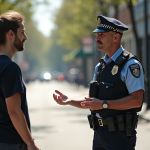Personne discutant avec un policier en ville en journée