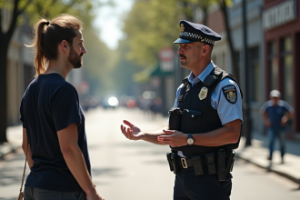 Personne discutant avec un policier en ville en journée