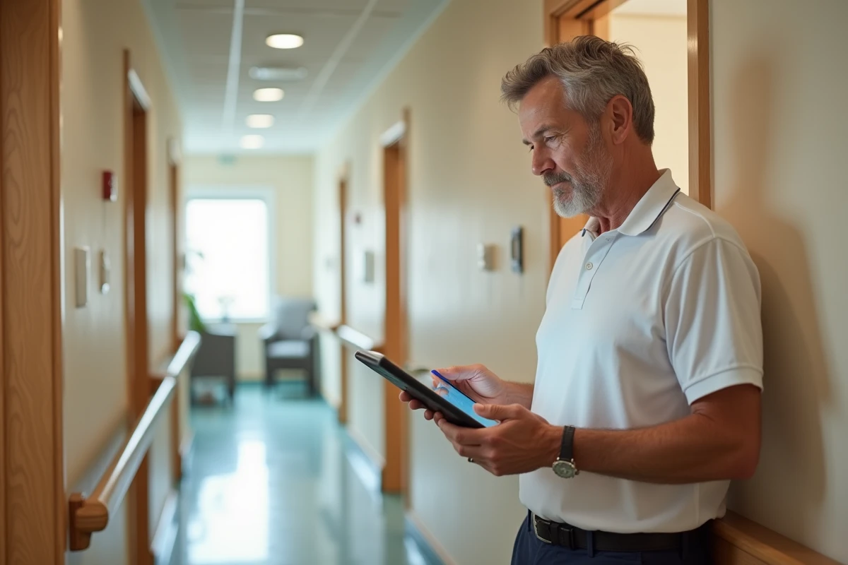 Coordinateur de soins consultant un protocole sur tablette numérique dans le couloir d'un établissement DomusVi
