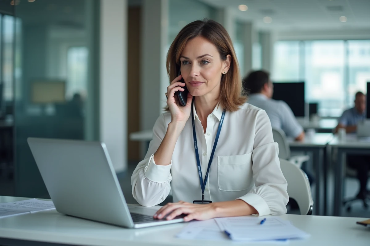 Coordinatrice de soins partageant des informations avec les proches aidants par téléphone dans un bureau professionnel