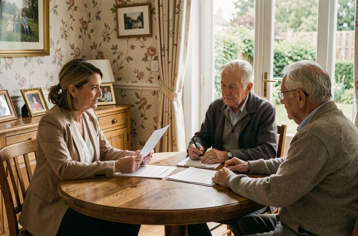 Coordinatrice de soins à domicile en consultation avec un couple de seniors à Nantes