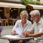 Couple consultant des chèques-vacances et documents de planification de loisirs à une table en bois sur une place de village français ensoleillée