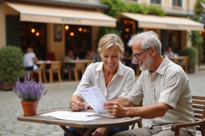 Couple consultant des chèques-vacances et documents de planification de loisirs à une table en bois sur une place de village français ensoleillée