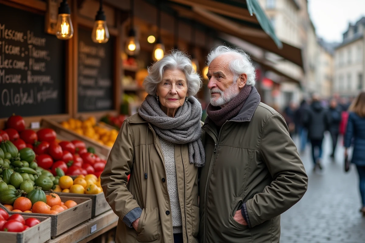 Couple retraité au marché regardant les prix sur un tableau