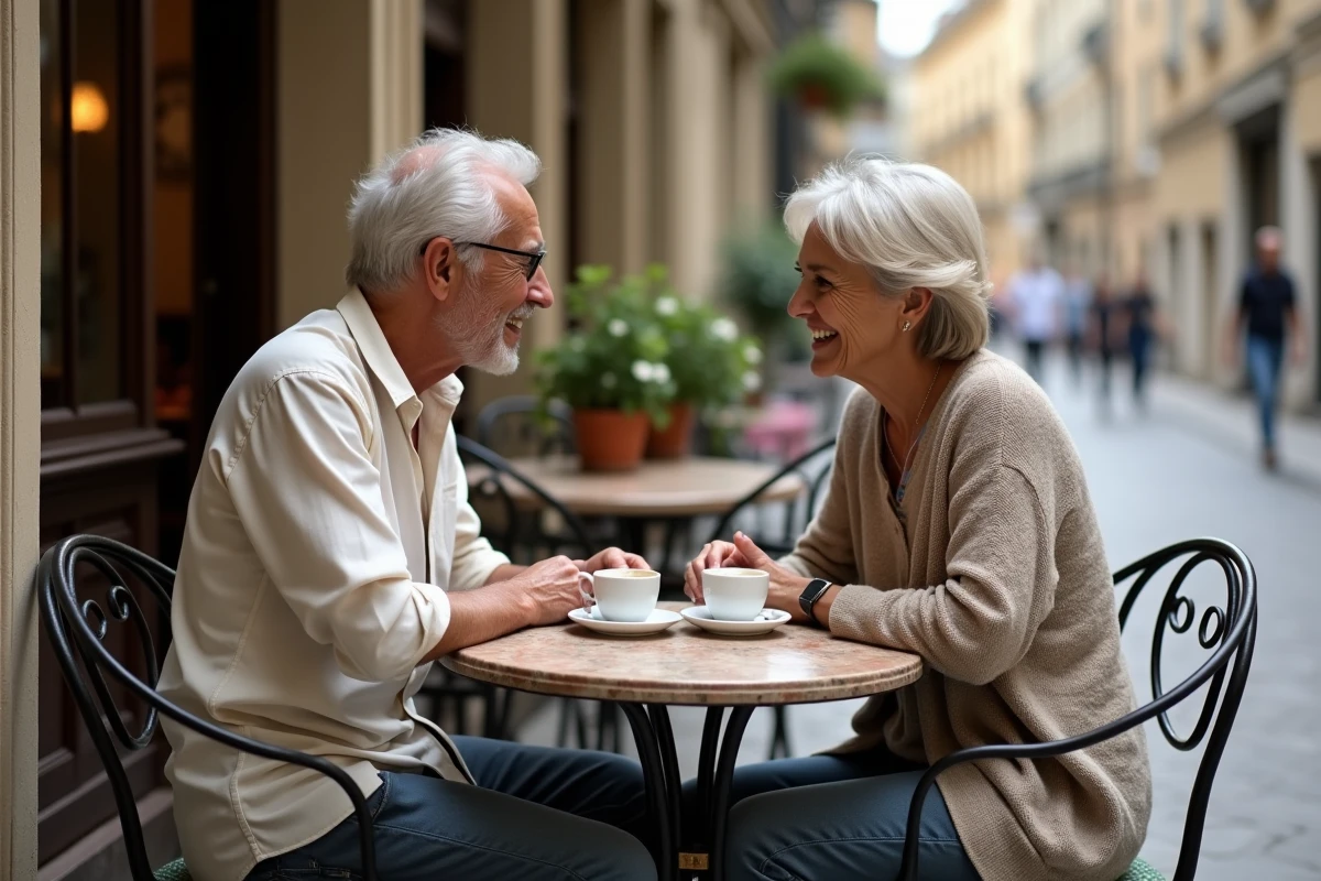 Couple mature partageant un café en terrasse dans un bistro français, symbolisant une relation épanouie et complice à la soixantaine