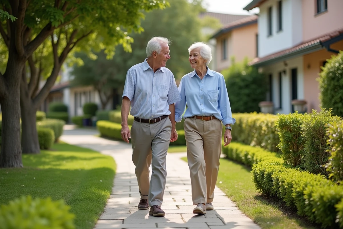 Couple retraité se promenant dans un jardin paisible