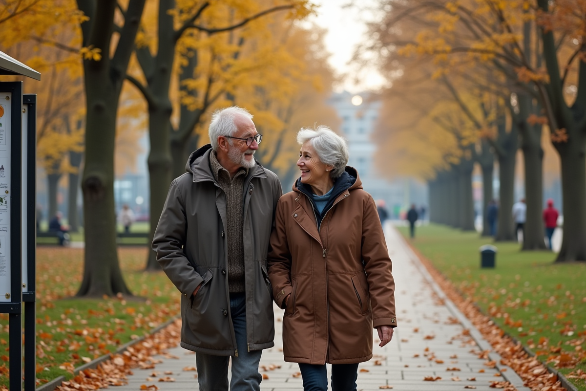 Couple senior se promenant dans un parc en automne