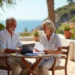 Couple de retraités expatriés consultant leurs documents de retraite sur une terrasse méditerranéenne