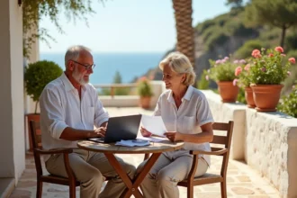 Couple de retraités expatriés consultant leurs documents de retraite sur une terrasse méditerranéenne