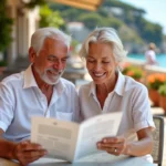 Couple de retraités consultant une brochure de vacances en famille sur une terrasse méditerranéenne ensoleillée