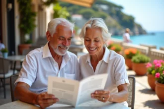 Couple de retraités consultant une brochure de vacances en famille sur une terrasse méditerranéenne ensoleillée