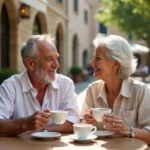 Couple senior détendu dans un café européen en plein air