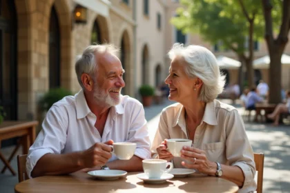 Couple senior détendu dans un café européen en plein air
