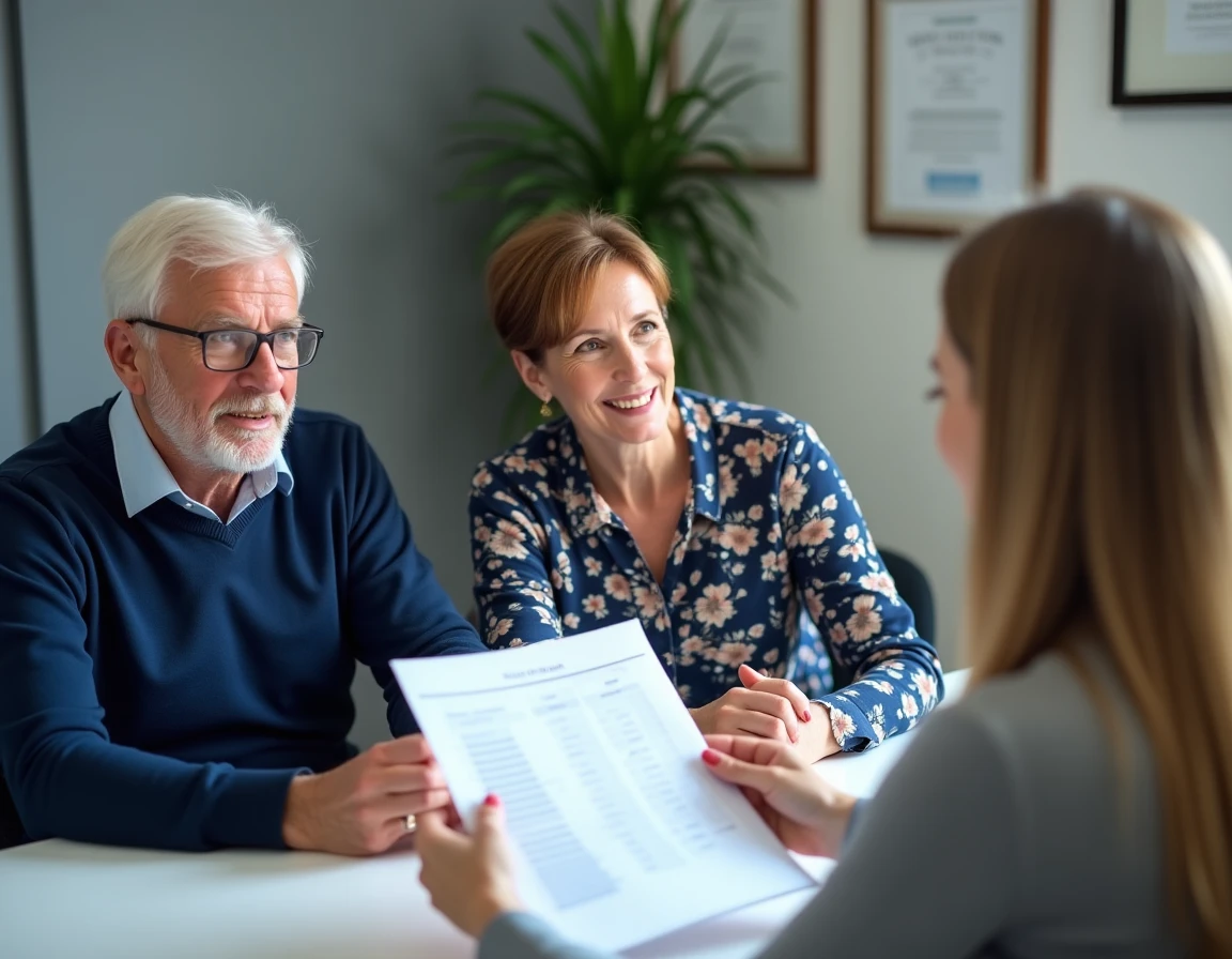 Un couple de seniors en consultation avec un conseiller financier pour optimiser le coût d'une maison de retraite