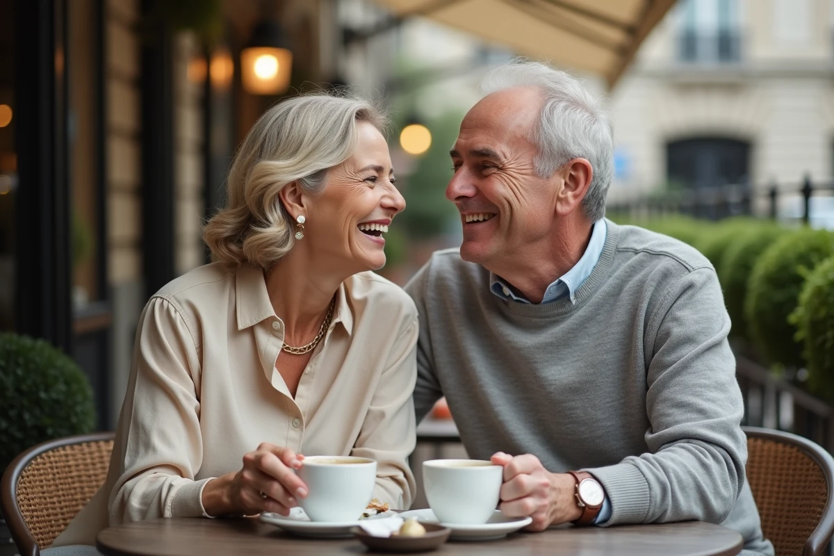 Couple de seniors élégants partageant un café en terrasse après une rencontre organisée par une agence matrimoniale ou un site de rencontre haut de gamme