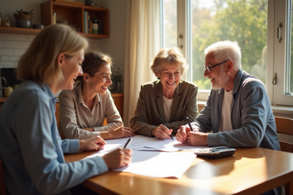 Couple âgé signant des papiers avec leurs enfants dans la cuisine