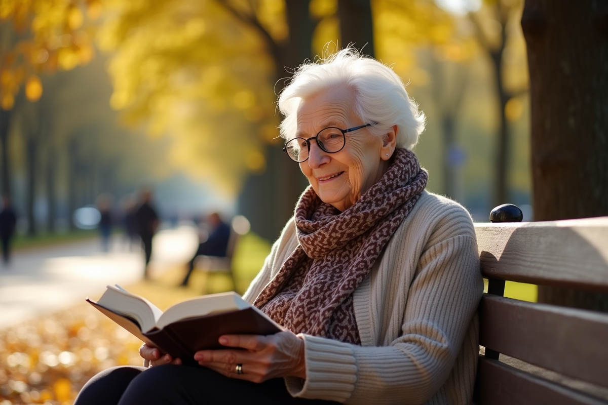 Femme agee souriante lisant dans un parc parisien en automne