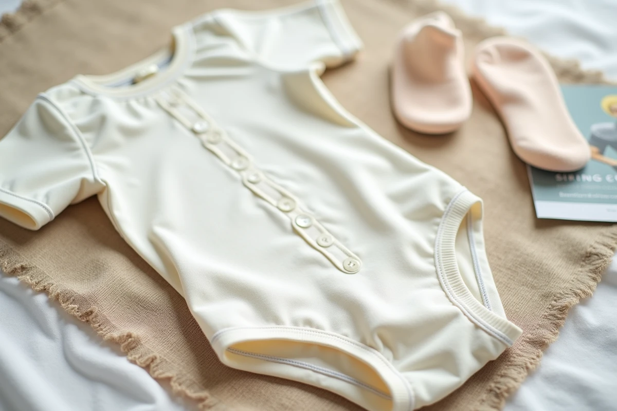 Gros plan sur un babygro adulte en coton ivoire avec fermetures pression pour personnes âgées posé sur du lin naturel