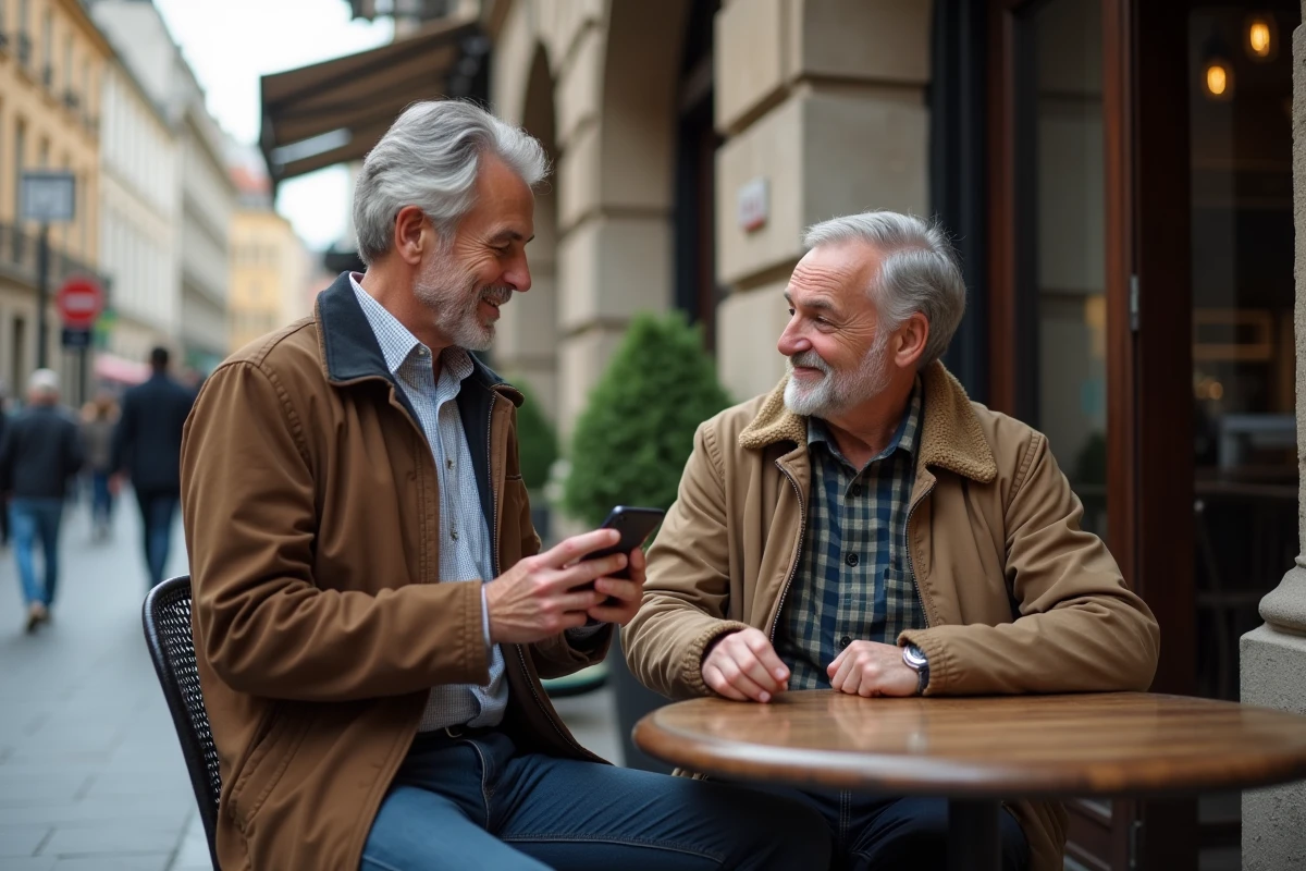 Deux hommes discutent en extérieur avec smartphone affichant une alerte de confidentialité