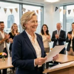 Femme lors d'un discours de pot de départ à la retraite dans un bureau moderne, tenant un discours avec un sourire émouvant