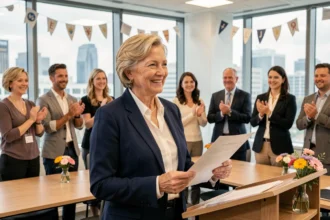 Femme lors d'un discours de pot de départ à la retraite dans un bureau moderne, tenant un discours avec un sourire émouvant