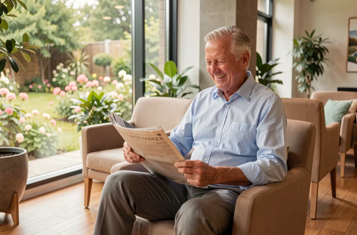 Résident senior dans le salon moderne de la résidence DOMITYS Le Jardin Fleuri, lisant son journal près d'une fenêtre donnant sur un jardin fleuri