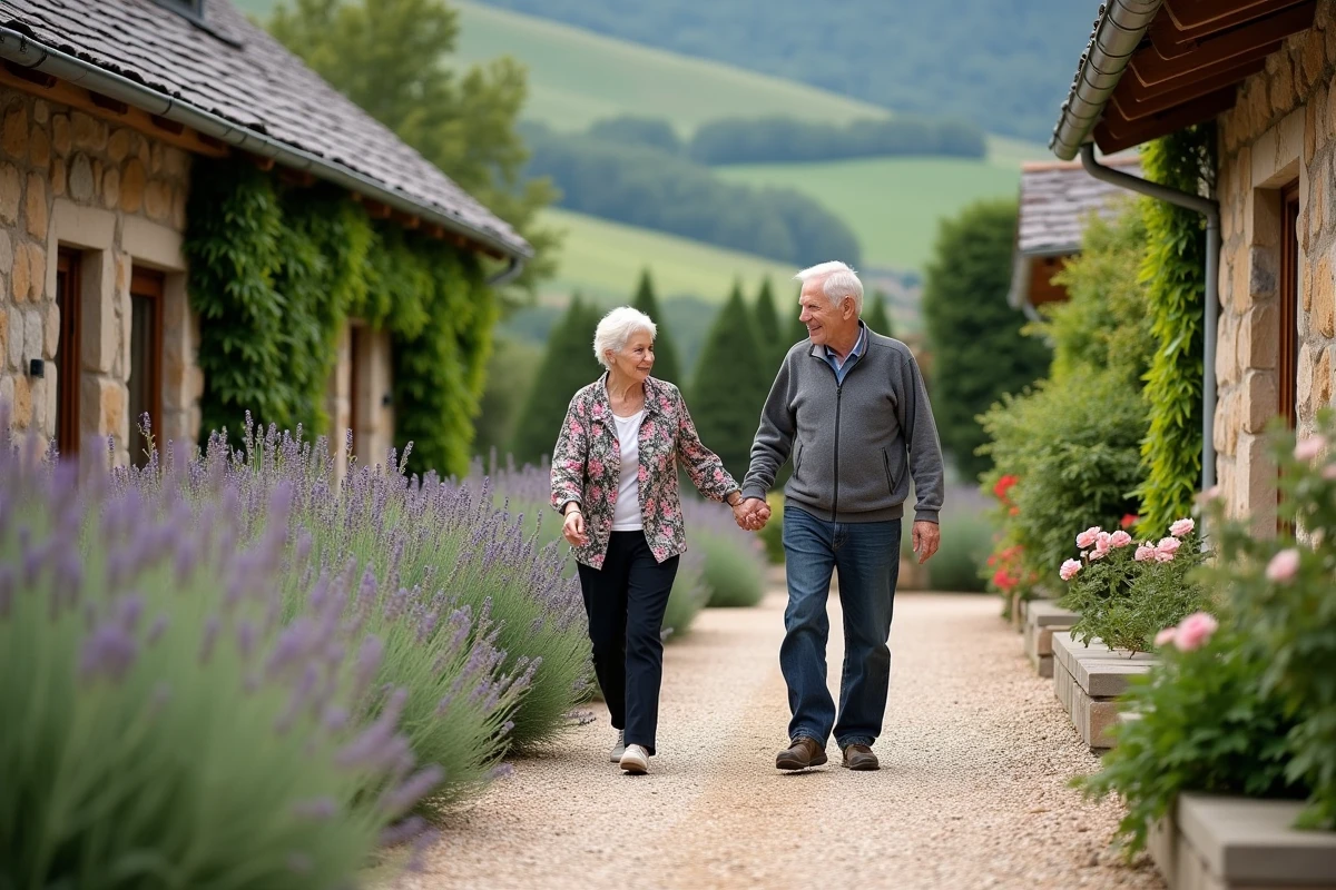 Deux résidents d'un EHPAD se promenant dans le jardin extérieur en pierre d'un établissement des Hautes-Pyrénées