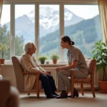 Résidente âgée en conversation avec une soignante dans le salon d'un EHPAD des Hautes-Pyrénées avec vue sur les montagnes