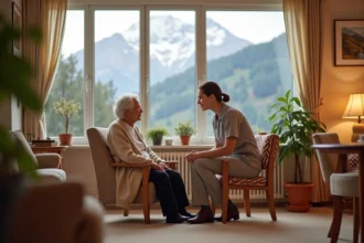 Résidente âgée en conversation avec une soignante dans le salon d'un EHPAD des Hautes-Pyrénées avec vue sur les montagnes