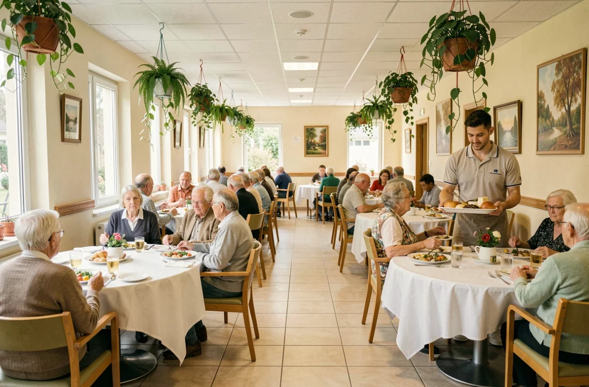Salle à manger de l'EHPAD Les Jardins d'Épinay à Épinay-sur-Seine pendant le déjeuner