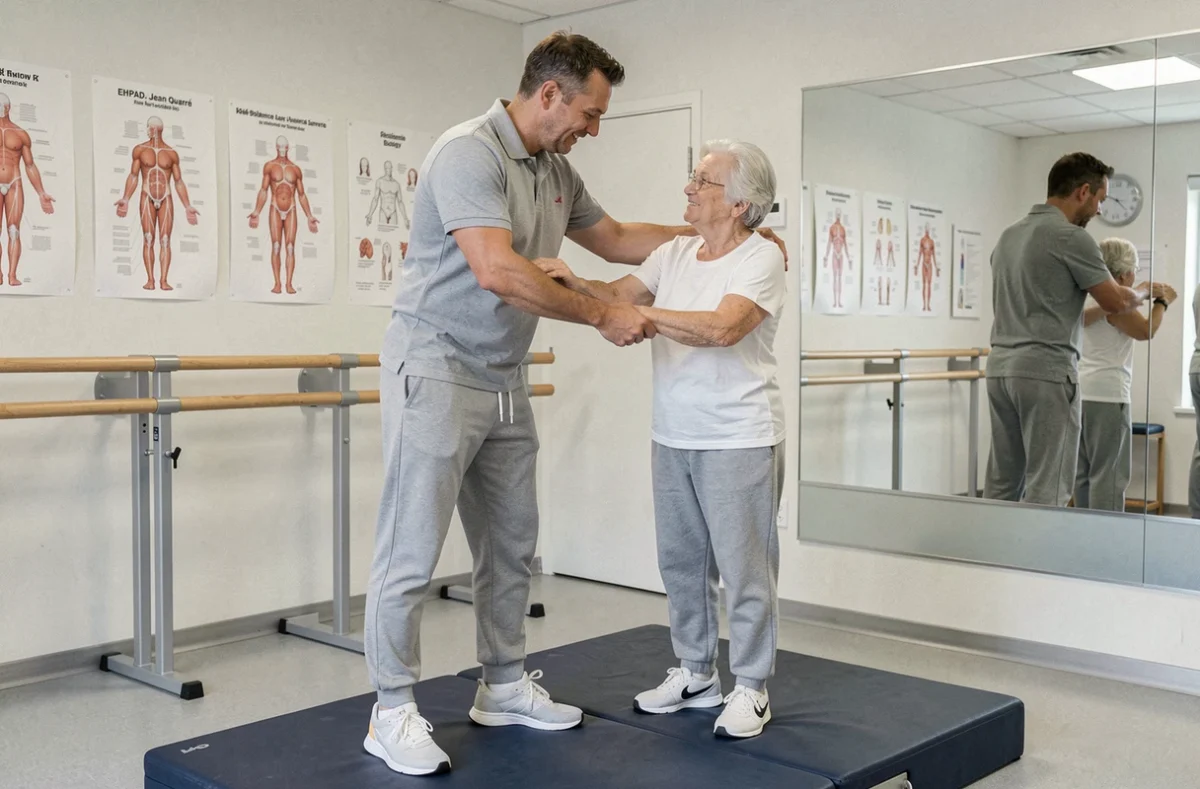 Séance de kinésithérapie à l'EHPAD Résidence Jean Quarré à Bobigny avec physiothérapeute et résidente