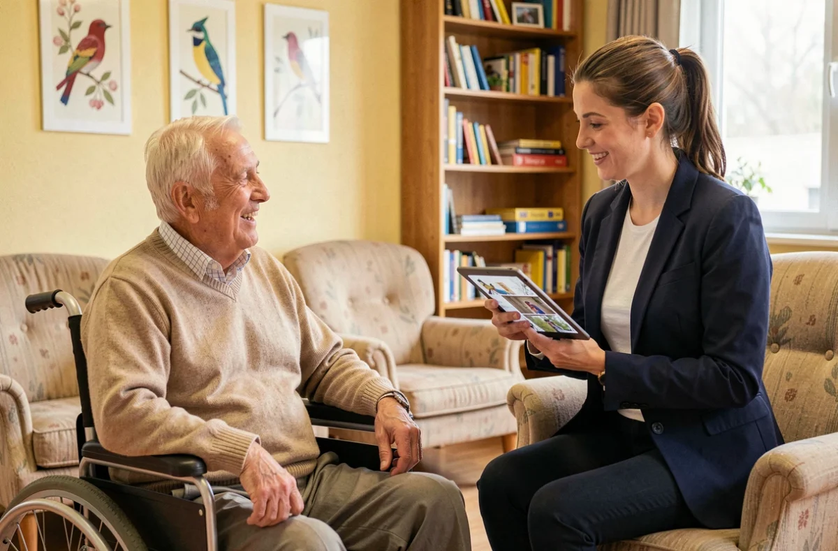 Résident en fauteuil roulant discutant avec une animatrice dans le salon de l'EHPAD Les Mésanges à Sevran