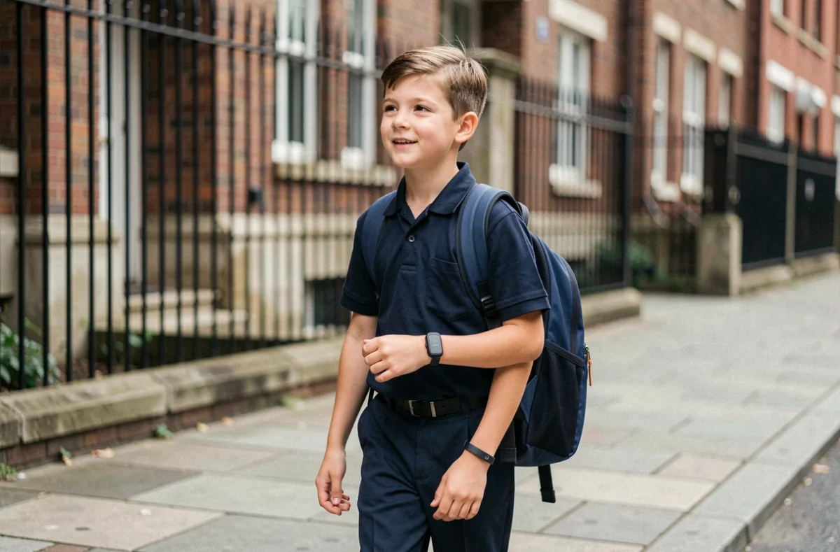 Garçon en uniforme scolaire portant un bracelet traceur GPS au poignet devant l'entrée d'une école urbaine