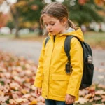 Jeune fille portant un imperméable jaune avec un traceur GPS attaché à son sac à dos dans un parc automnal