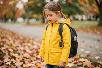 Jeune fille portant un imperméable jaune avec un traceur GPS attaché à son sac à dos dans un parc automnal
