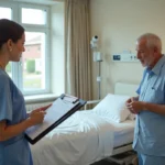 Ergothérapeute évaluant les activités de la vie quotidienne d'un patient âgé en milieu de rééducation hospitalière